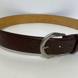 Men's Genuine Leather Belt Embossed Eagle USA Patriotic Logo Brown Large 42"